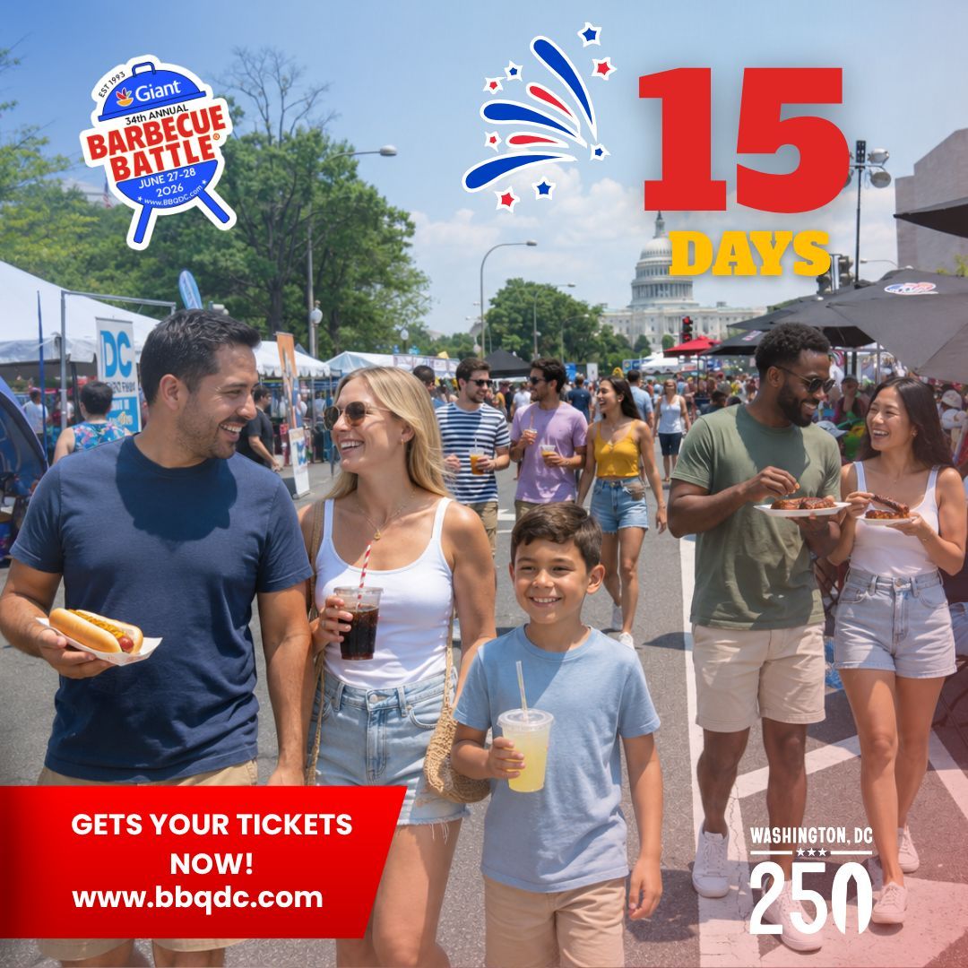 BBQinDC's tweet photo. ⏰🍖 ONLY 15 DAYS TO GO! 🎶🔥
The 34th Giant BBQ Battle is almost here! June 27–28, experience the Best of America—where world-class flavors meet the rhythm of the city. 🇺🇸

🎟️ Got your tickets? Get them now at https://t.co/iQAaktkOPN

#BBQinDC #GiantBBQBattle #SummerInDC #DC250 https://t.co/1blKrTR0Hx