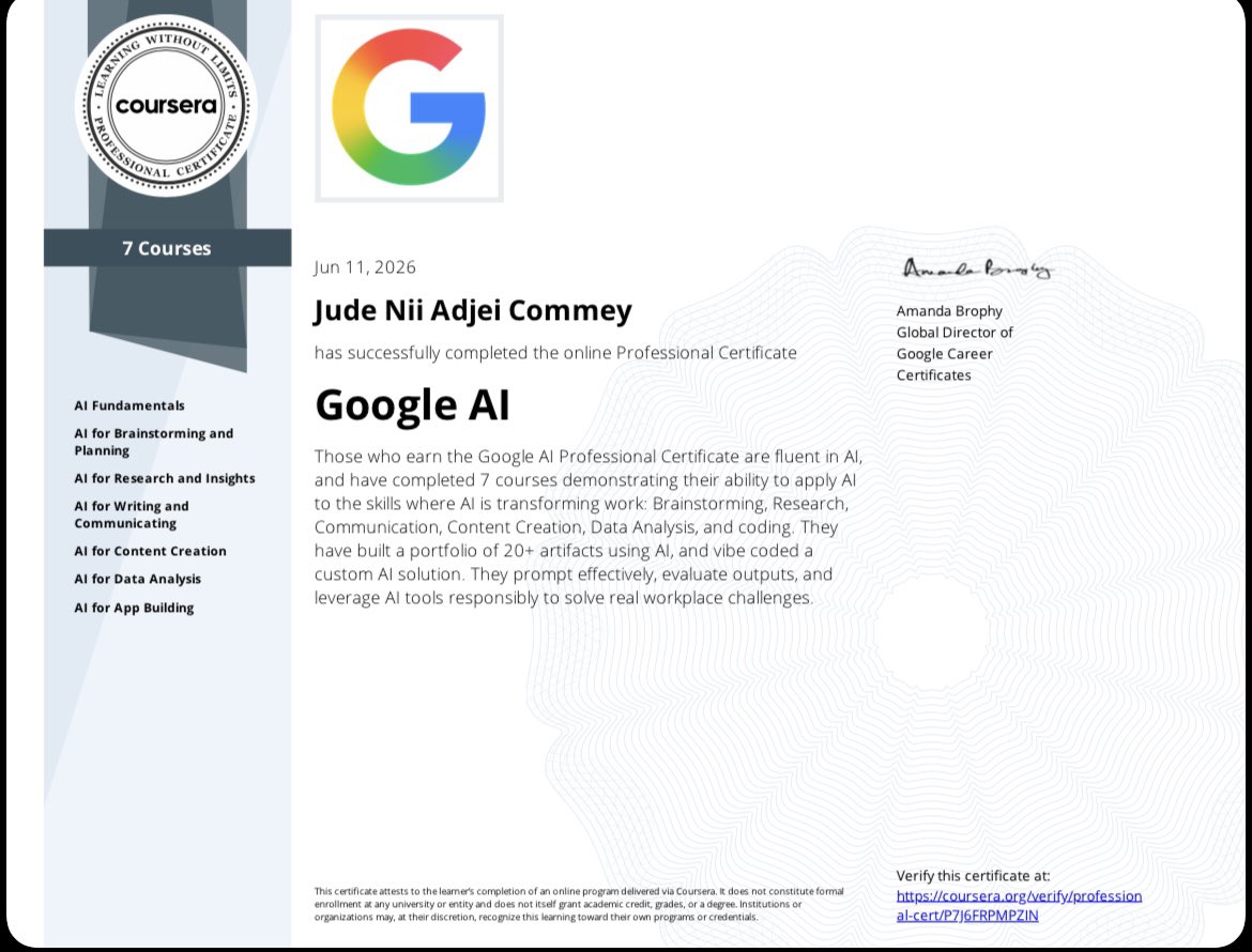dev_cdp's tweet photo. As today marks a new year in my life 🎉🎂, I am excited to celebrate not just my birthday but also a remarkable achievement! 🎓✨

I am thrilled to share that I have officially completed the Google AI Professional Certificate through Coursera.
Thanks to @MoCDTI! https://t.co/1rdss5XAPc