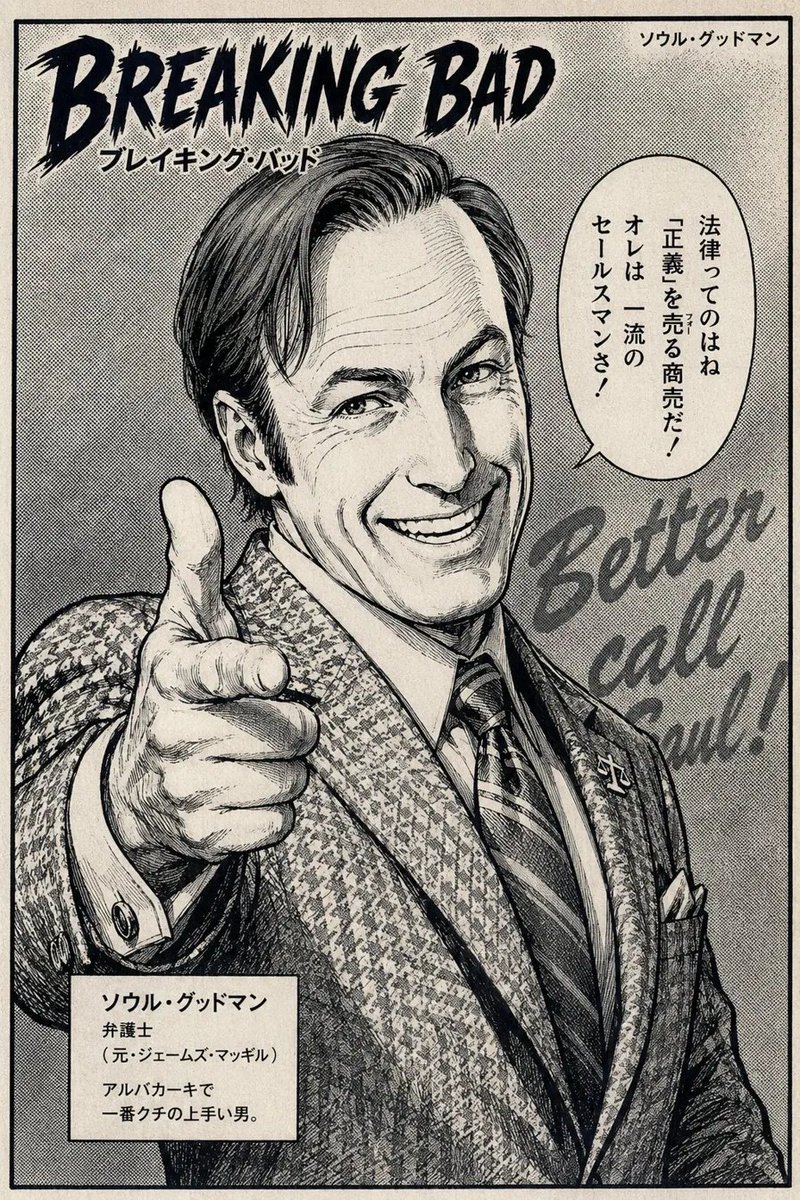 MiMundoConIA's tweet photo. breaking bad sigue siendo la mejor serie de televisión que he visto.

walter, jesse, gus, saul.

¿y si hubiera sido un manga japonés de los 90?

esto es lo que salió 👇 https://t.co/XtGkVi6m0T