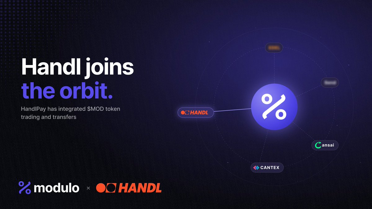 ModuloFinance's tweet photo. $MOD is now integrated on @HandlPay for trading and transfers, expanding the Modulo token across the growing ecosystem around it.

With Modulo, Cantex, Cansai, and now Handl in the orbit, $MOD is becoming more connected across the apps where activity happens.

We will share more details on the partnership soon.