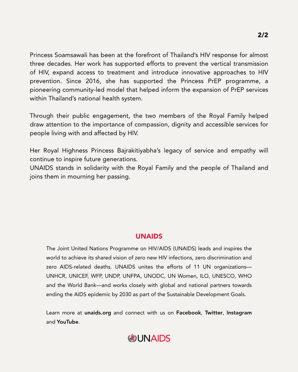 UNAIDS's tweet photo. UNAIDS is deeply saddened by the passing of Her Royal Highness Princess Bajrakitiyabha Narendiradebyavati of Thailand

A lawyer, diplomat &amp; advocate for rights of women &amp; people in prison, she worked throughout her public life to promote fairness, inclusion &amp; equal opportunity https://t.co/4lWFbi6vXU