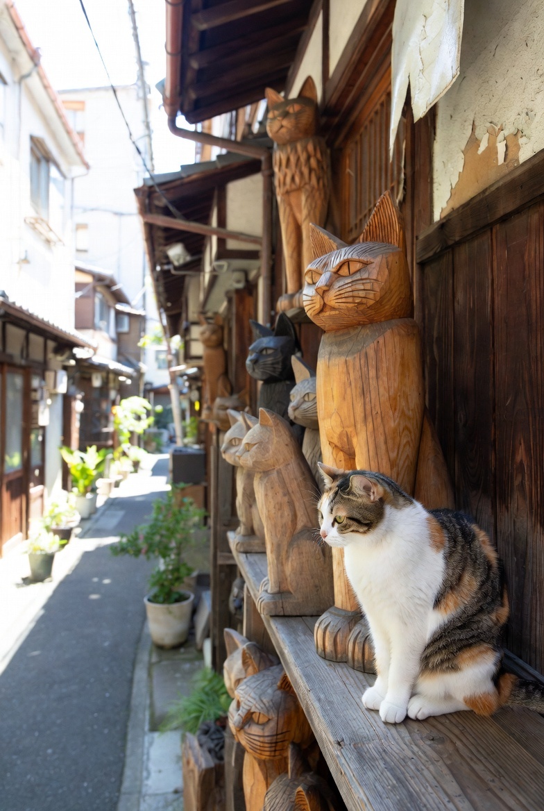 MACHIKADOEXPLOR's tweet photo. 谷中の細道で棚に並んだ猫の置物見かけて一番端っこのやつが毛並み柔らかそうでつい触りかけたんだけど… https://t.co/KQ1LxVdq8r