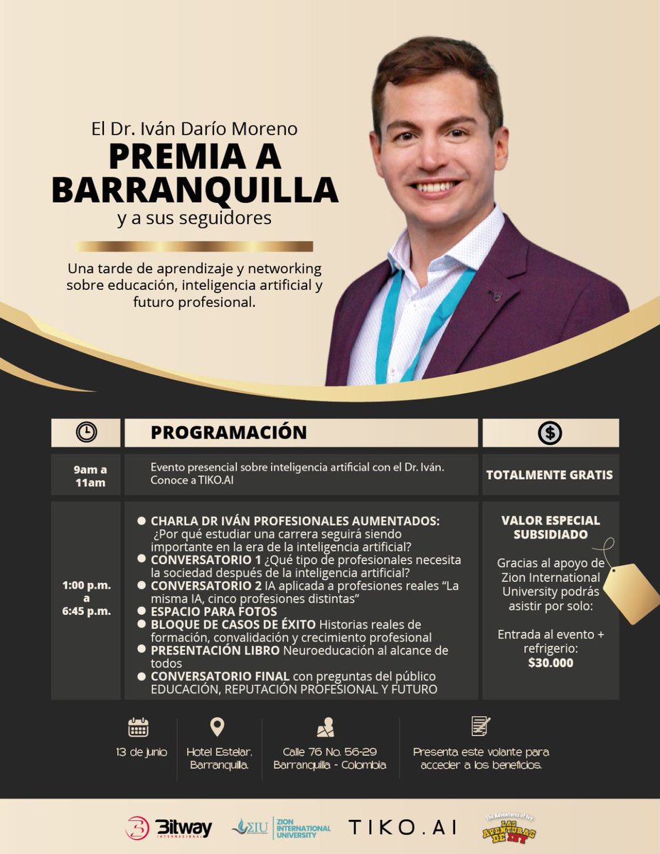 ZionTvOnline's tweet photo. 🚨 Gracias al apoyo de ZIU podrás vivir una experiencia de alto nivel por un valor especial subsidiado.

✅ Entrada + refrigerio: $30.000

🤖 https://t.co/5L702O6sfC GRATIS (9:00 a.m. - 11:00 a.m.)

📍 13 de junio | Hotel Estelar Barranquilla

💬 Escribe “BARRANQUILLA”. https://t.co/8I15LikHC1