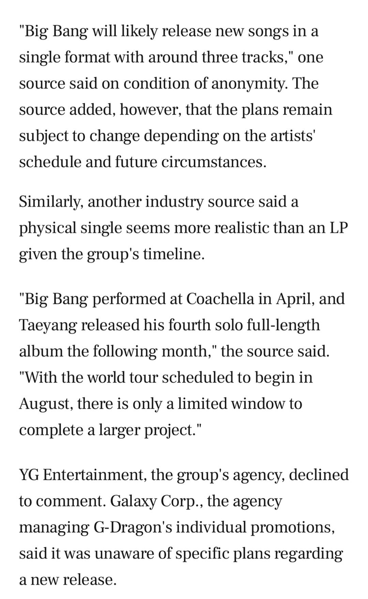 archivedbb's tweet photo. one industry source reportedly said that BIGBANG is likely to release new music in a single format with around three tracks, though the source also added that plans could still change depending on schedules and other circumstances ❗️

yg ent. declined to comment on the report, while galaxy corp. said they were not aware of any specific plans regarding a new release.

https://t.co/aPMA12XrR6