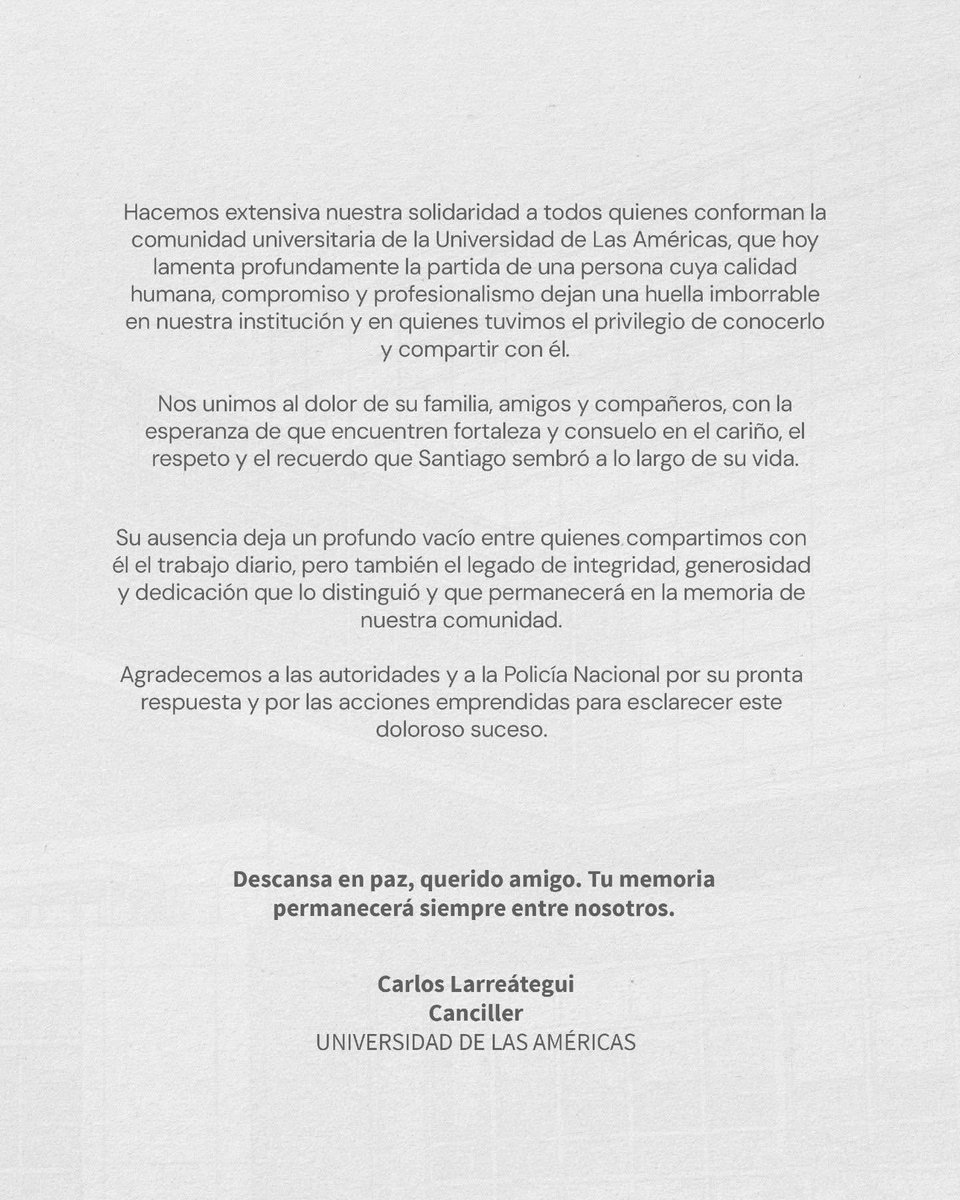lahistoriaec's tweet photo. Justicia para Santiago. La @UDLAEcuador exigió a las autoridades que se encuentre a los responsables del asesinato de su Gerente Financiero, Santiago Ávalos, ejecutado anoche por sicarios en la avenida Guayasamín, en Miravalle. Hay consternación en esta comunidad universitaria por el crimen. #Quito
