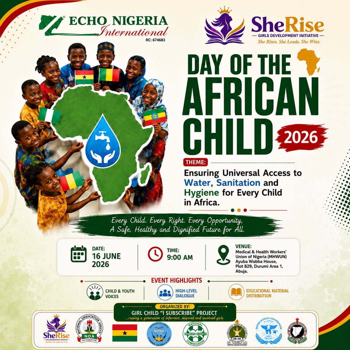 isubscribe22's tweet photo. 📢 Counting down to the Day of the African Child 2026!

Join us as we bring together young voices, stakeholders, and advocates to celebrate, reflect, and champion the rights and wellbeing of African children.

🌍 Every Child. Every Right. Every Opportunity.

#DayOfTheAfricanChild https://t.co/lKOBqdGpWE