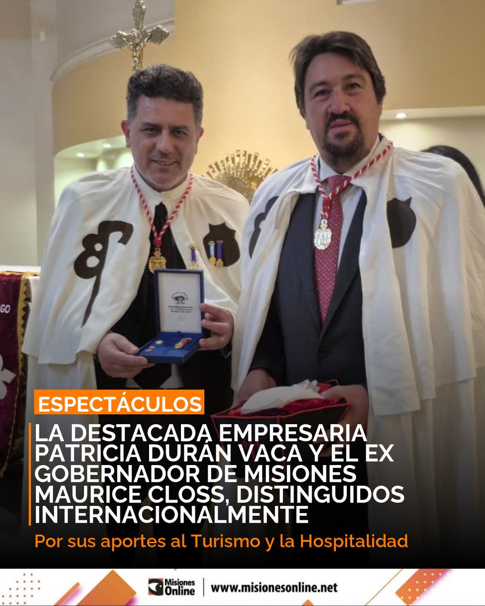misionesonline's tweet photo. La empresaria turística Patricia Durán Vaca y el exgobernador y exsenador de Misiones, @mauricloss, fueron investidos como Dama y Caballero de la Orden del Camino de Santiago, una distinción internacional que reconoce sus aportes al turismo, la hospitalidad y la integración regional.

La Orden del Camino de Santiago es una institución internacional de origen español vinculada a la tradición jacobea. Sus antecedentes se remontan al siglo XII, cuando surgió como una hermandad militar y religiosa asociada a la protección de los peregrinos que se dirigían hacia Santiago de Compostela. Con el paso del tiempo, consolidó un perfil cultural, social y turístico, con presencia en distintos países.

La ceremonia se realizó en la Catedral de Nuestra Señora de Guadalupe, en Foz de Iguazú, donde se celebró una misa especial y luego el nombramiento formal de los nuevos miembros. Durante la jornada, Durán Vaca y Closs realizaron sus votos, recibieron las capas correspondientes y fueron condecorados con las insignias que acreditan su incorporación a la orden.

La distinción reconoció la trayectoria de ambos referentes misioneros y su aporte a la promoción turística, cultural y regional. En el caso de Patricia Durán Vaca, se valoró su trabajo vinculado al desarrollo del turismo y la hospitalidad en la región.

En tanto, el reconocimiento a Maurice Closs se fundamenta en su contribución, como gobernador de la provincia de Misiones y senador de la Nación Argentina, al desarrollo sostenible del turismo en la Triple Frontera entre Argentina, Brasil y Paraguay. Durante su gestión, y también a partir de su apoyo institucional, las Cataratas del Iguazú fueron elegidas una de las Nuevas Siete Maravillas de la Naturaleza, un reconocimiento que proyectó internacionalmente este patrimonio compartido.
