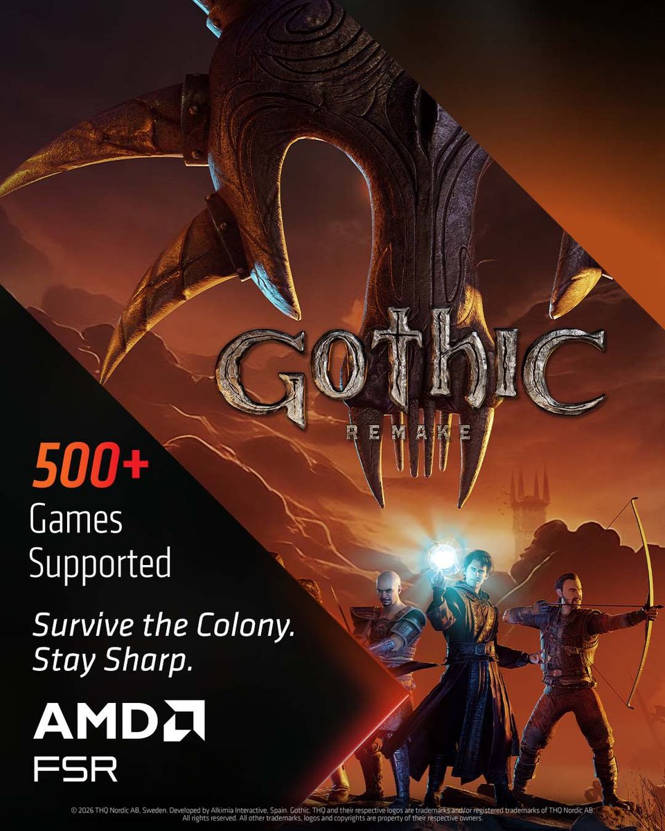 AMDGaming's tweet photo. Survive the Colony. Stay sharp.
Gothic 1 Remake supports AMD FSR for smoother performance in a brutal world. @gothicthegame https://t.co/hAuQBsPEXn