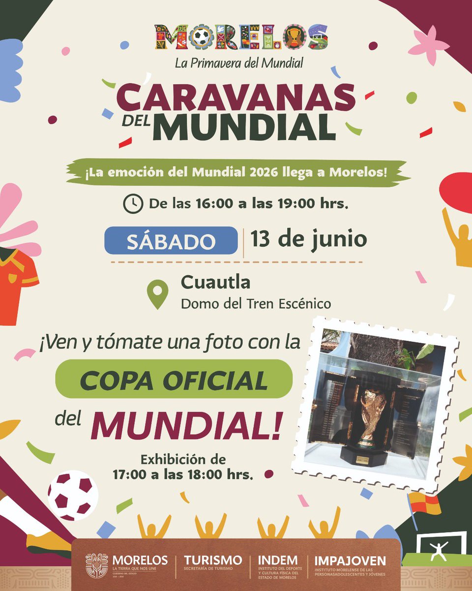 margarita_gs's tweet photo. ¡Este sábado las Caravanas del Mundial llegarán a Cuautla! ⚽️

Les esperamos para disfrutar de una tarde llena de alegría, deporte y convivencia familiar. ¡No se lo pierdan! 

#LaTierraQueNosUne https://t.co/a4iHlqNbKa