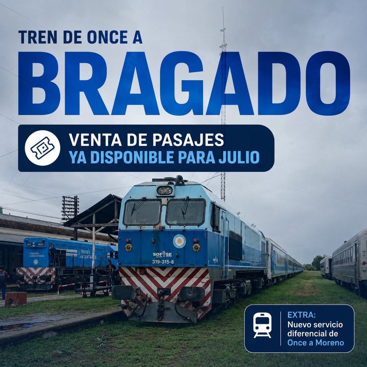 TrenesGenerales's tweet photo. ℹ️ Once - Bragado:
Ya están disponibles los pasajes hasta el 31 de julio para viajar a Suipacha, Chivilcoy, Bragado, entre otras.

Además, a partir del 17/7 se incluirá parada en Moreno, ofreciendo asientos para viajar desde o hacia Once, con parada intermedia en Moreno. https://t.co/VJ1BLqJ20p