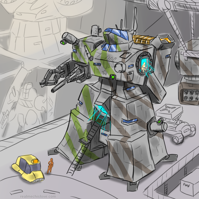 realmechislove's tweet photo. Naval Mech-Escort Corvette

sketch for an old idea, ship sized mechs that are crewed

"Naval Mechs", space ships but their weapons are on arm like turrets, their thrusters/engines/landing gear look like legs, and the command deck looks like a head.

2nd image is the old art https://t.co/WPM0QO9vXM