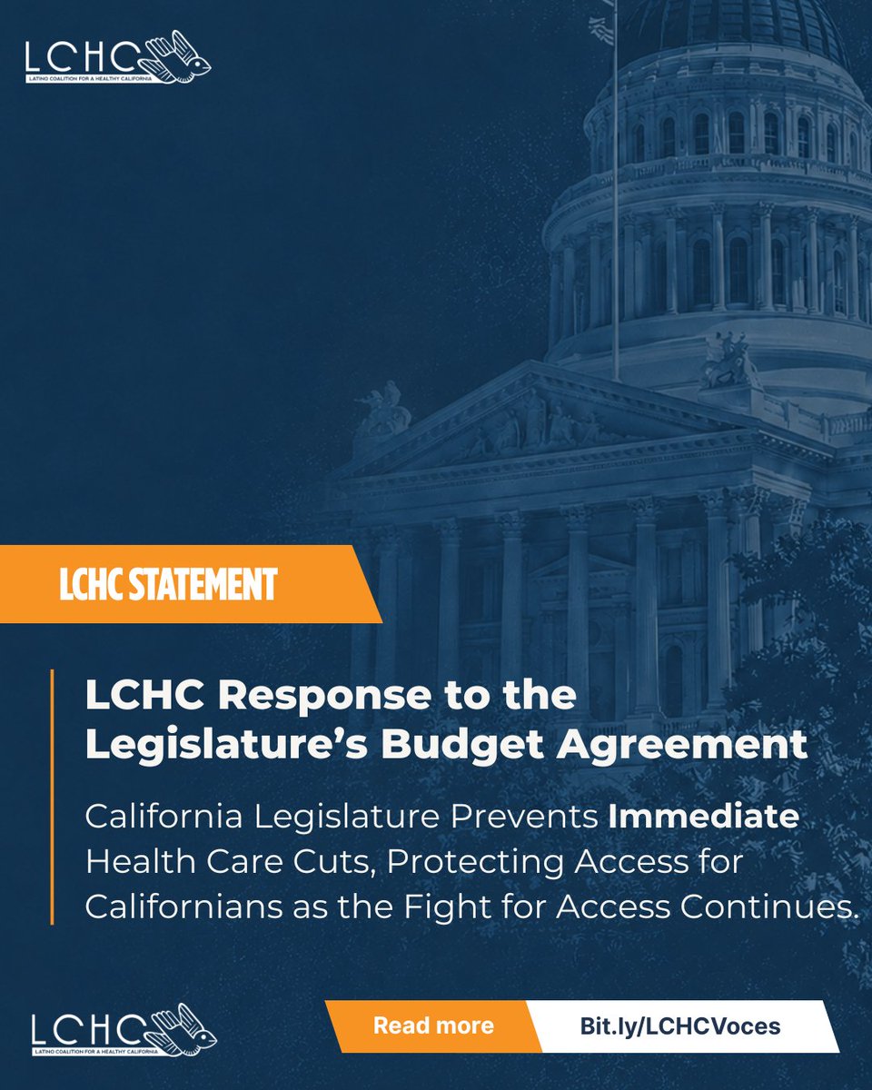 LCHC_CA's tweet photo. The California Legislature’s budget agreement takes an important step toward delaying immediate cuts to care for immigrant Californians. 

But the fight is not over. 

Read our full statement at: https://t.co/SzS1vu3XfE https://t.co/JV6G2Hy4zE