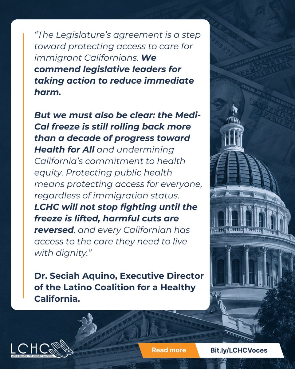 LCHC_CA's tweet photo. The California Legislature’s budget agreement takes an important step toward delaying immediate cuts to care for immigrant Californians. 

But the fight is not over. 

Read our full statement at: https://t.co/SzS1vu3XfE https://t.co/JV6G2Hy4zE