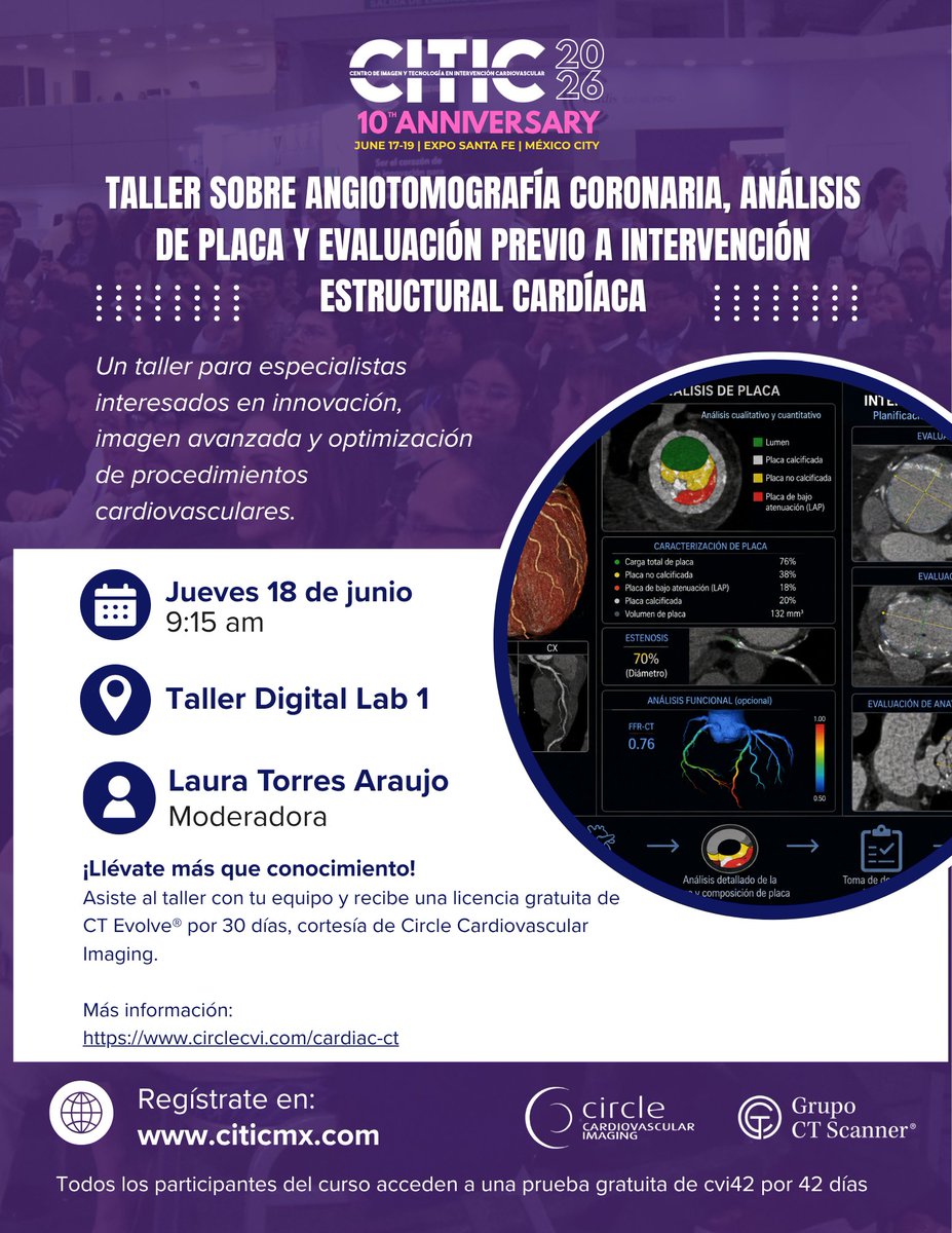 CiticMexico's tweet photo. 🫀📸 Lleva tu experiencia en imagen cardiovascular al siguiente nivel.
Participa en el Taller sobre Angiotomografía Coronaria, Análisis de Placa y Evaluación Previa a Intervención Estructural Cardíaca, donde conocerás herramientas avanzadas para optimizar la planeación y toma de decisiones en procedimientos cardiovasculares.
✨ Beneficio exclusivo: Si asistes al taller y llevas tu equipo, recibirás una licencia gratuita por 30 días de CT Evolve® de Circle Cardiovascular Imaging para poner en práctica lo aprendido.
📅 18 de junio
🕘 9:15 a.m.
📍 Taller Digital Lab 1
👩‍⚕️ Moderadora: Laura Torres Araujo
Conoce más sobre CT Evolve®: https://t.co/CDid1n0iQB
🔗 Regístrate en: https://t.co/1bkAdczBCe
#CITIC2026 #CITIC10Aniversario #Cardiología #ImagenCardiovascular #CardiacCT #CTEvolve #CircleCVI #TomografíaCardíaca #AngiotomografíaCoronaria #IntervencionismoCardiovascular #CardiologíaIntervencionista #EducaciónMédica #InnovaciónMédica #CardioImaging #MedicalEducation #HeartTeam #Cardiology #CardiovascularImaging #MéxicoMédico #ExpoSantaFeMexicoCity