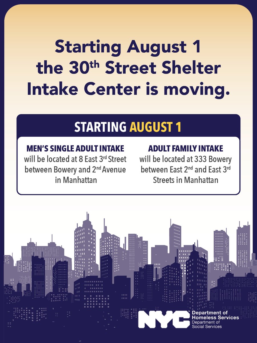 NYCHRA's tweet photo. The single men’s and adult families intake center at 400 East 30th Street, Manhattan, will continue at its current location until July 31, 2026.

Starting August 1, 2026, all intake operations will transition to 8 East 3rd Street in Manhattan. #NYCDSSCares https://t.co/0uqtjpeNDs