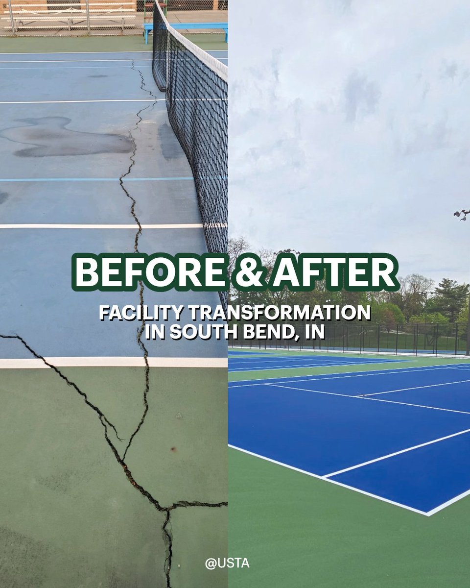 Photo of an outdoor tennis court in South Ben, IN before and after restoration.