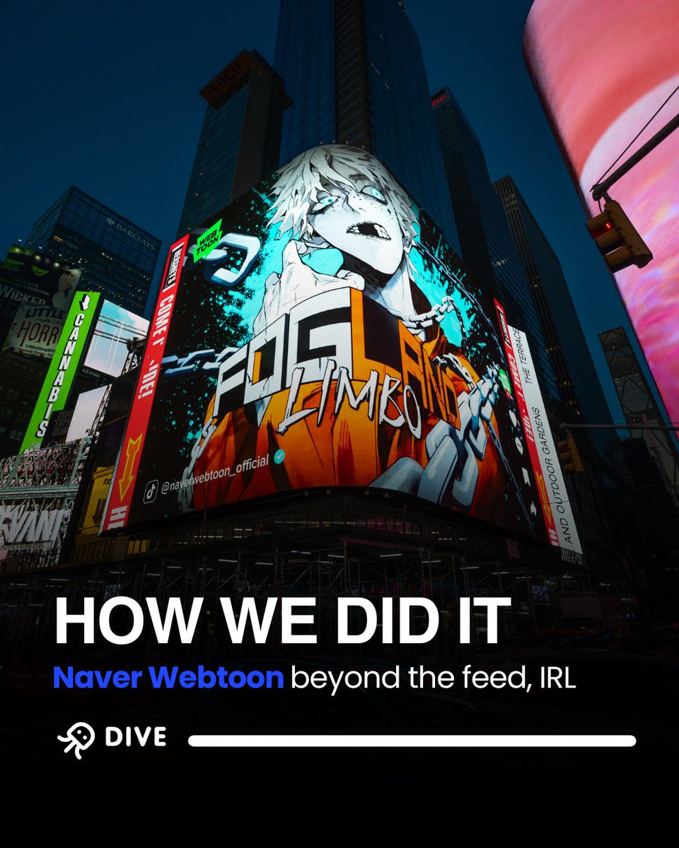 DIVEBillboards's tweet photo. To bring NAVER WEBTOON closer to the MZ Generation, DIVE activated a strategic outdoor media campaign across key urban environments during a peak cultural moment.

Using dynamic creative and high-visibility placements, we extended the platform's social momentum into the physical world—creating continuous opportunities for discovery, engagement, and brand recall.

The result: a larger-than-life presence that brought WEBTOON storytelling beyond the screen and into the city.

#HowWeDidIt #NaverWebtoon #OutOfPhone #BillboardFamous #Advertising #DIVEBillboards