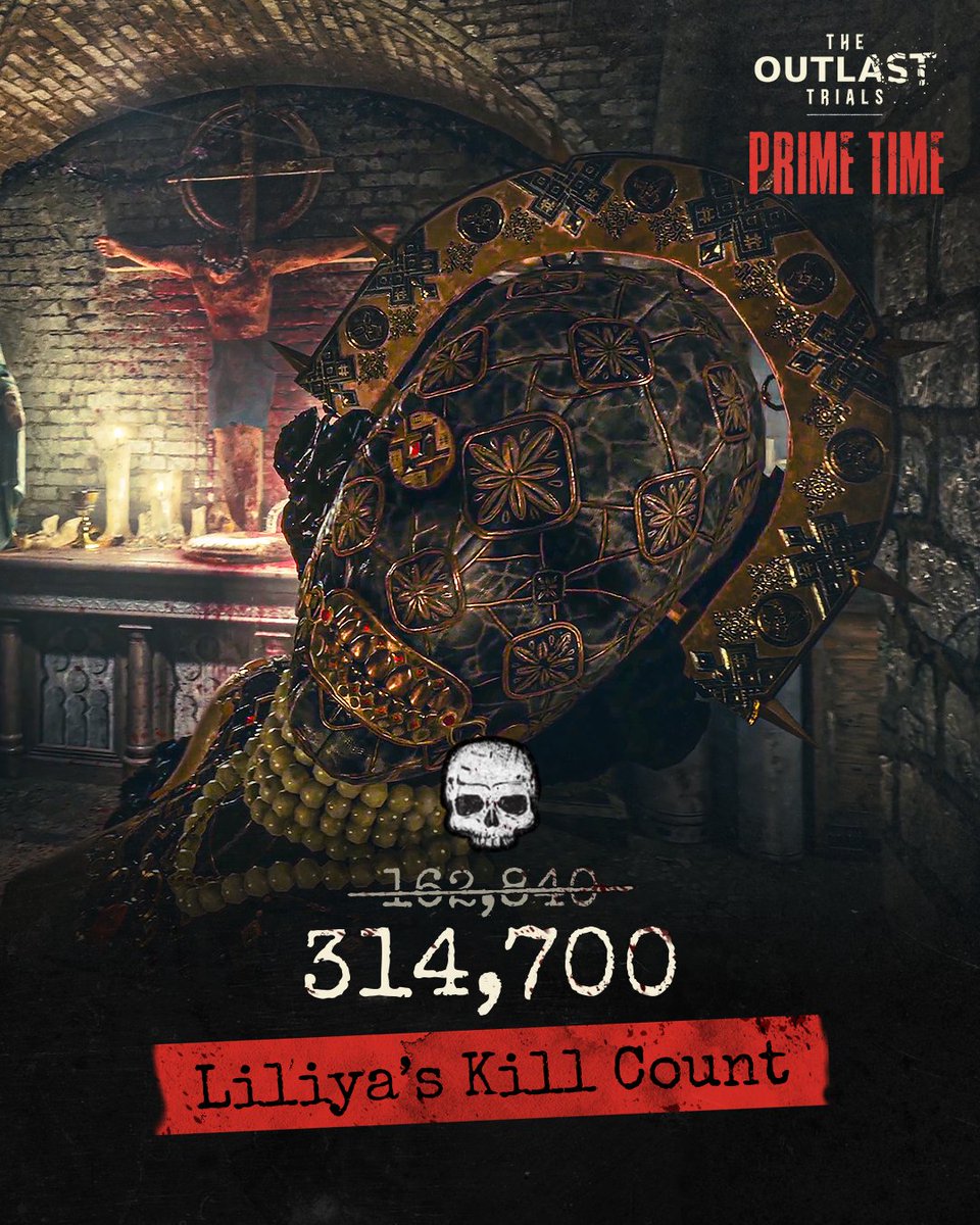 TheRedBarrels's tweet photo. Bow to your Messiah, Liliya is bathing in Reagent blood! 💀 Coyle, Gooseberry, Franco, and the Kress Twins trailing behind but all deaths are for the same cause during Prime Time! Enjoy the therapy until June 16 👁️

#TheOutlastTrials #Outlast #OutlastTrials #horrorgame #jeuxhorreur
