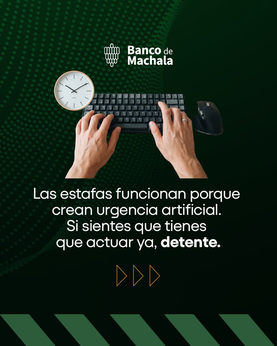 BcodeMachala's tweet photo. Las estafas no siempre llegan con errores evidentes. A veces se ven tan reales que parecen una oportunidad. 👀

Recuerda: cuando algo te presiona a actuar de inmediato, es momento de detenerte y revisar dos veces. 🔒💚

#BMInstitucional https://t.co/Cgbt5UQ32c
