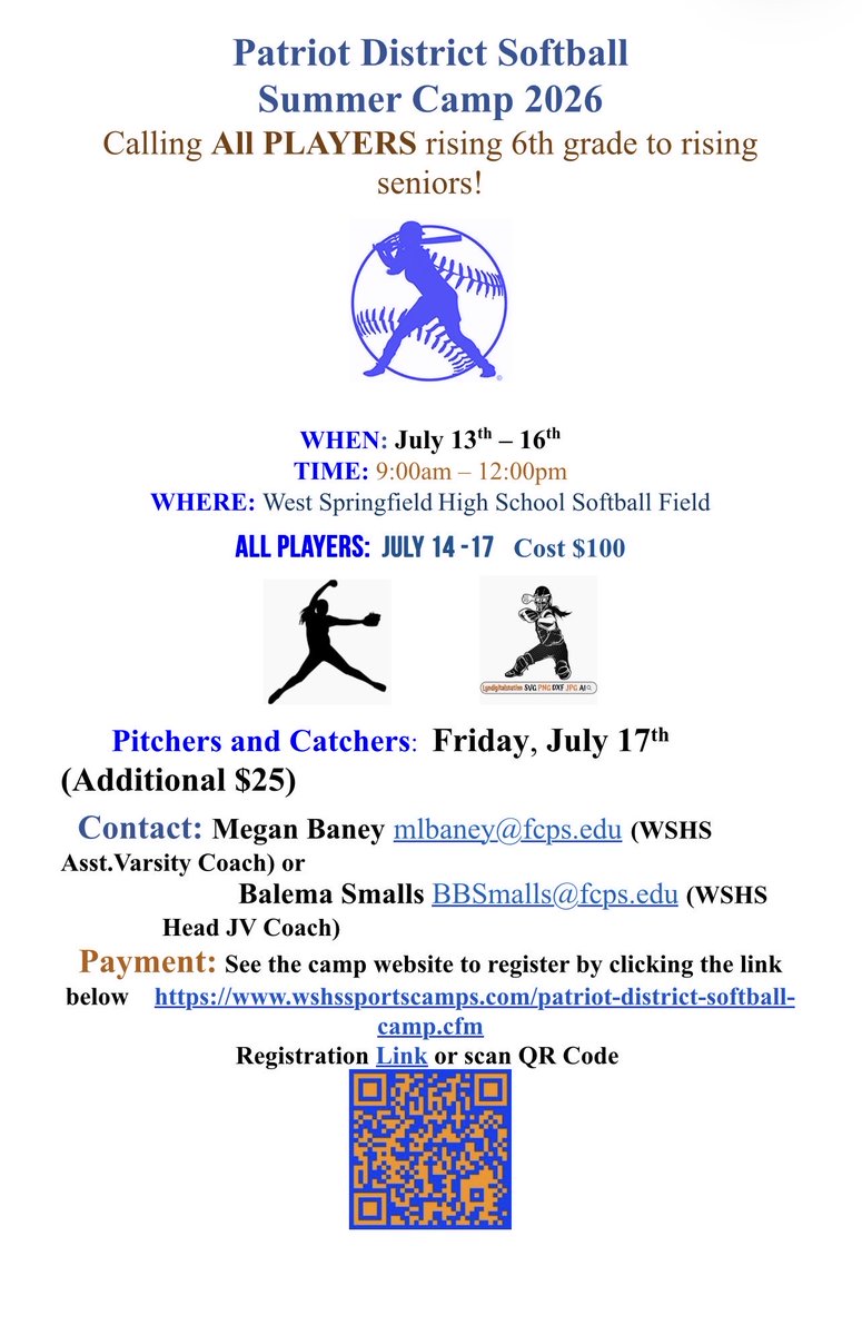 smbaney's tweet photo. Patriot District Softball Camp is back at West Springfield HS  July 13-16 and July 17 for pitchers and catchers .  See below. https://t.co/WwDxV19cCQ