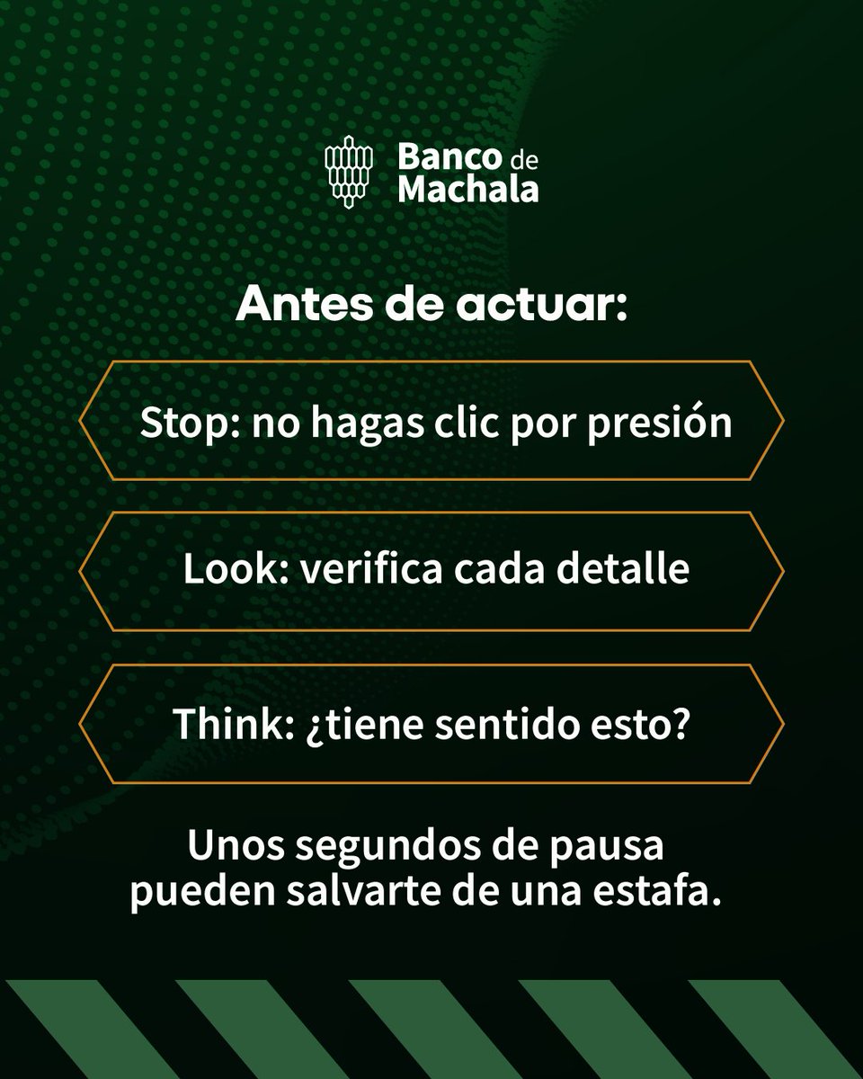 BcodeMachala's tweet photo. Las estafas no siempre llegan con errores evidentes. A veces se ven tan reales que parecen una oportunidad. 👀

Recuerda: cuando algo te presiona a actuar de inmediato, es momento de detenerte y revisar dos veces. 🔒💚

#BMInstitucional https://t.co/Cgbt5UQ32c