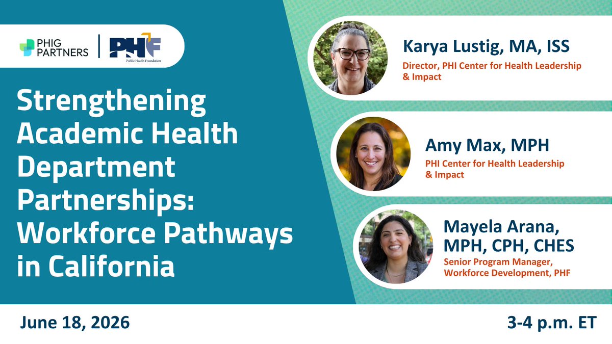 ASTHO's tweet photo. Academic health department partnerships help build the next generation of public health professionals.
On June 18, learn how California created workforce pathways connecting graduates with applied experience.
Register: https://t.co/EGclvRLaVe. #PHIG
@ThePHF @CDCgov @NNPHI_ORG https://t.co/1yFrppzOg6