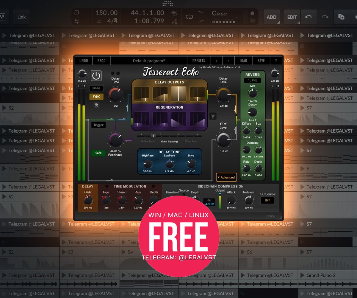 LEGAL_VST's tweet photo. Tesseract Echo by Trebless ๐๏ธ
Multi-tap tape delay + FDN reverb, Karplus-Strong
๐ป macOS/Win/Linux (VST3/AU/AAX/LV2)
๐ FREE https://t.co/vpqACt7z2H
More freeware ๐ https://t.co/okUqkdbah2
#freeplugin #delayplugin #reverbplugin #tapeecho #karplusstrong #modulation https://t.co/oQSRHuxiY3