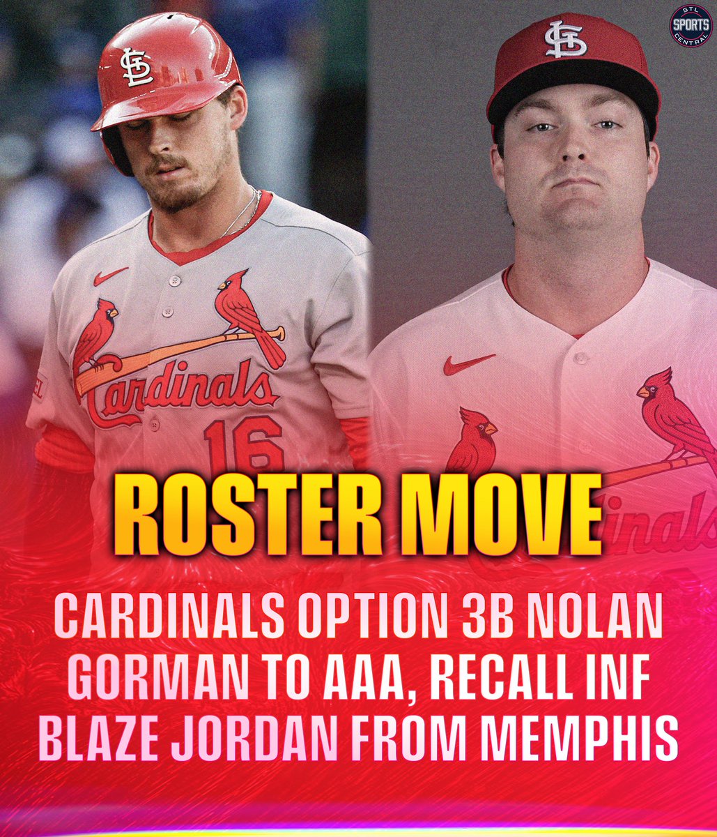 STLSprtsCntrl's tweet photo. The #STLCards are promoting infielder Blaze Jordan and optioning Nolan Gorman to AAA, per @dgoold 

Additionally, they sent RHP Hunter Dobbins to Memphis and recalled RHP Chris Roycroft

2026 has been rough for Gorman, to say the least. He is slashing .194/.279/.318 (.598 OPS) on the season

Since May 20th, he has a 49% strikeout rate and a .265 OPS

Jordan is slashing .313/.373/.548 (.921 OPS) in AAA this year