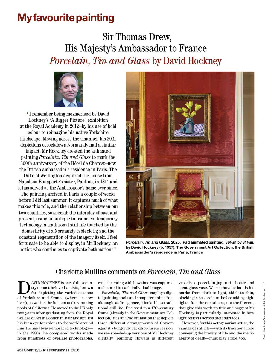 TomDrewUK's tweet photo. It was only last year that the great David Hockney created this fabulous work of art - to mark the 300th anniversary of the Hôtel de Charost, the British Ambassador’s Residence in Paris.  

@Countrylifemag 
@GovArtCol https://t.co/j5mile5MMJ