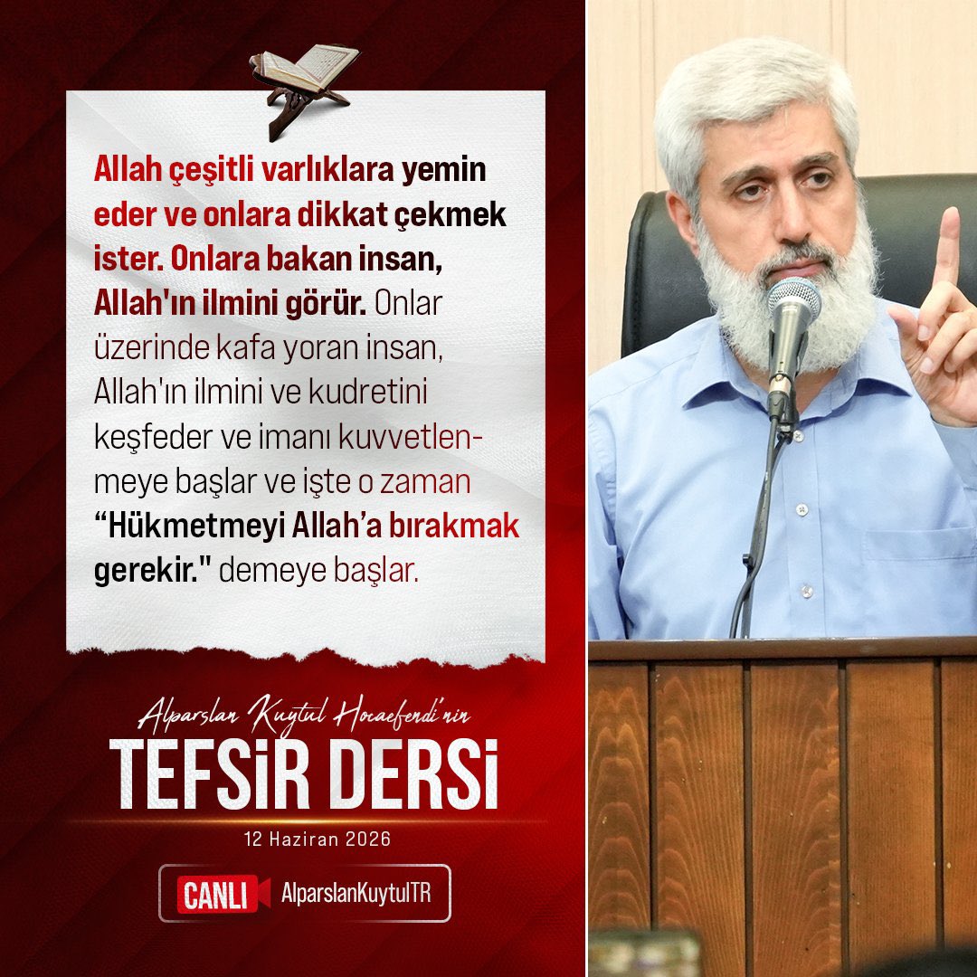 furkanhelazig's tweet photo. Allah çeşitli varlıklara yemin eder ve onlara dikkat çekmek ister. Onlara bakan insan, Allah'ın ilmini görür. Onlar üzerinde kafa yoran insan, Allah'ın ilmini ve kudretini keşfeder ve imanı kuvvetlenmeye başlar ve işte o zaman “Hükmetmeyi Allah’a bırakmak gerekir." demeye başlar.

MürselatSuresi TefsirDersi
#AlparslanHocaylaTefsirDersi