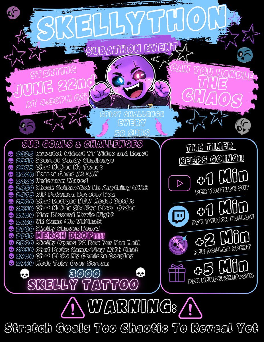 itsmeskelly's tweet photo. β οΈANOTHER MASSIVE ANNOUNCEMENTβ οΈ
SKELLYTHON is COMING!!
ποΈ June 22nd @ 4:30PM CST
πΆοΈ Spicy Challenge Every 50 Subs
ποΈ Merch Drop at 2750
π Skelly Tattoo at 3000
β οΈ Stretch Goals Too Chaotic To Reveal Yet...
Can you handle the chaos? π
#VTuberEN #VTuber #Subathon #Skellython https://t.co/aECQcTXQcT