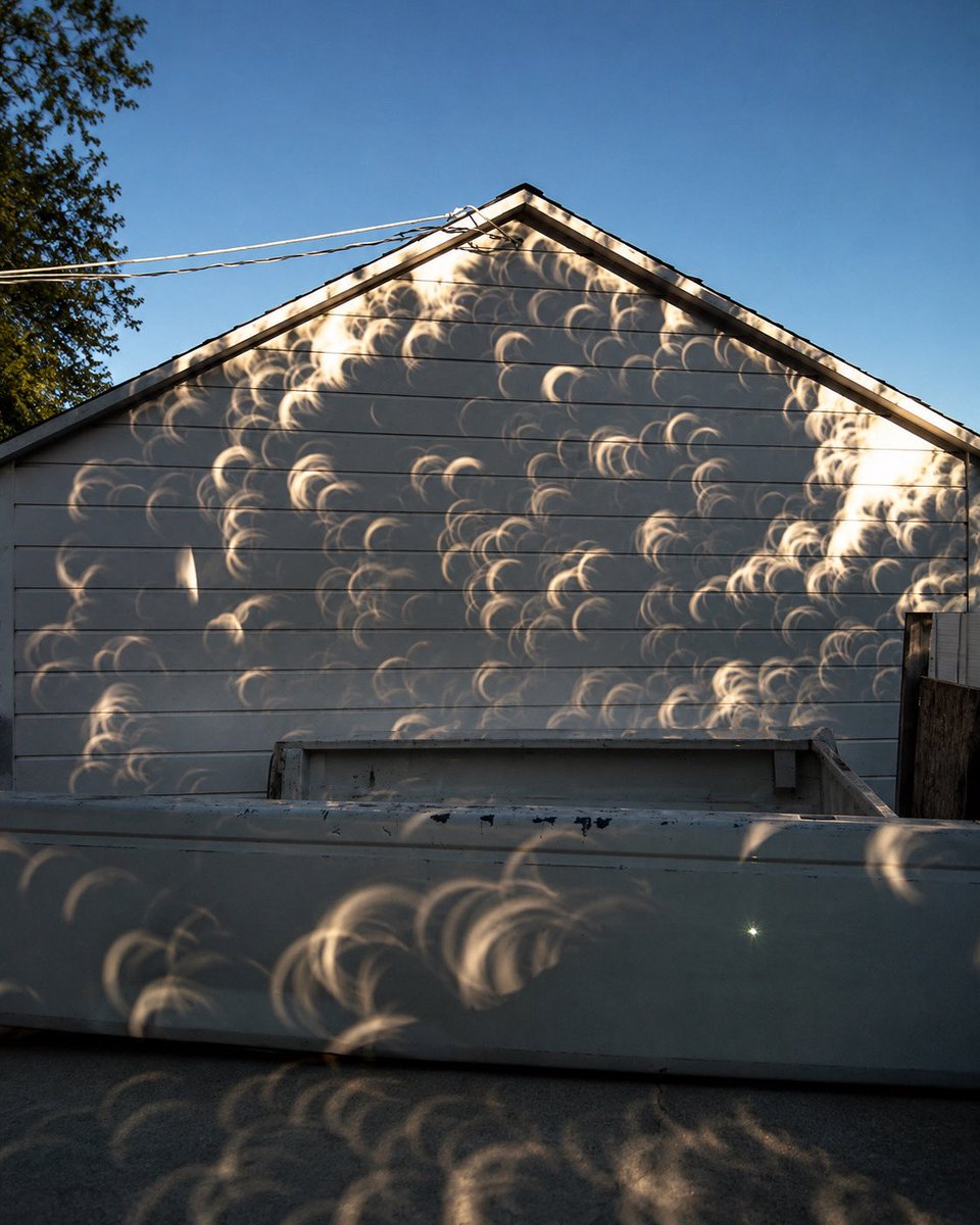 fandom_david's tweet photo. During a solar eclipse, trees turn into thousands of tiny cameras. 🌒

Each gap between the leaves projects a miniature image of the partially eclipsed Sun, creating these crescent-shaped patterns on walls, cars, and the ground below. Nature’s own pinhole photography. 📷✨ https://t.co/HpxJ68bVso