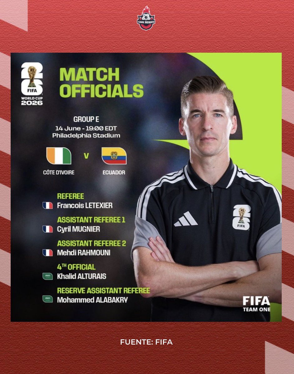 DeportesPU's tweet photo. 🔴 #Atención || Cambio de designación de arbitraje en el partido entre Ecuador y Costa de Marfil por la Copa del Mundo 2026. Debido a una lesión menor, el árbitro inglés Michael Oliver, ha sido reemplazado por el francés Francois Letexier.
#LaRadioDeLasNoticias https://t.co/38JoUx9V32