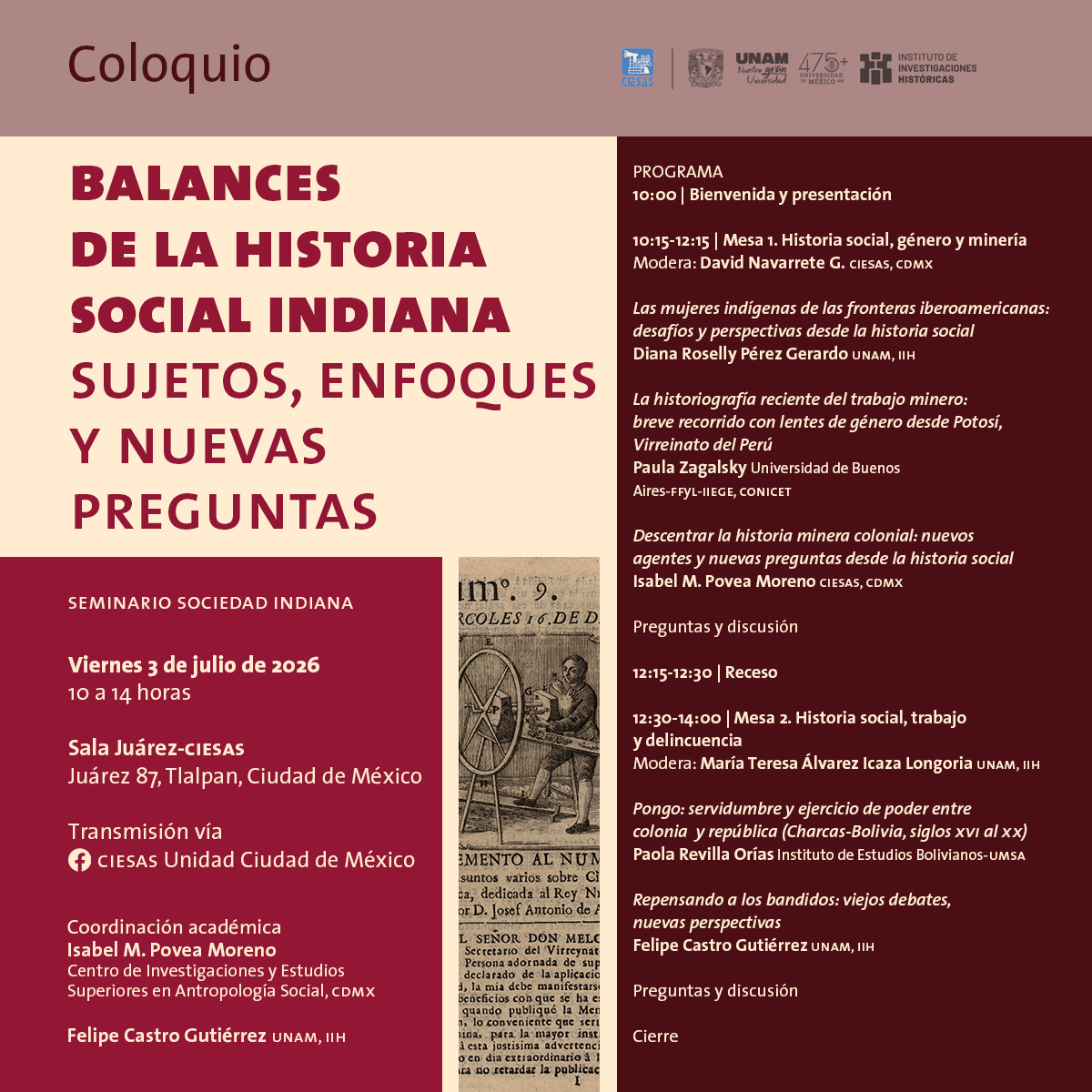 ciesas's tweet photo. Atención 📢
El #SeminarioSociedadIndiana te invita al Coloquio «Balances de la historia social indiana. Sujetos, enfoques y nuevas preguntas». 
Se llevará a cabo el 3 de julio en #CIESASJuárez87. 👇
🏷️ @isapovea https://t.co/oejrd8NM7h