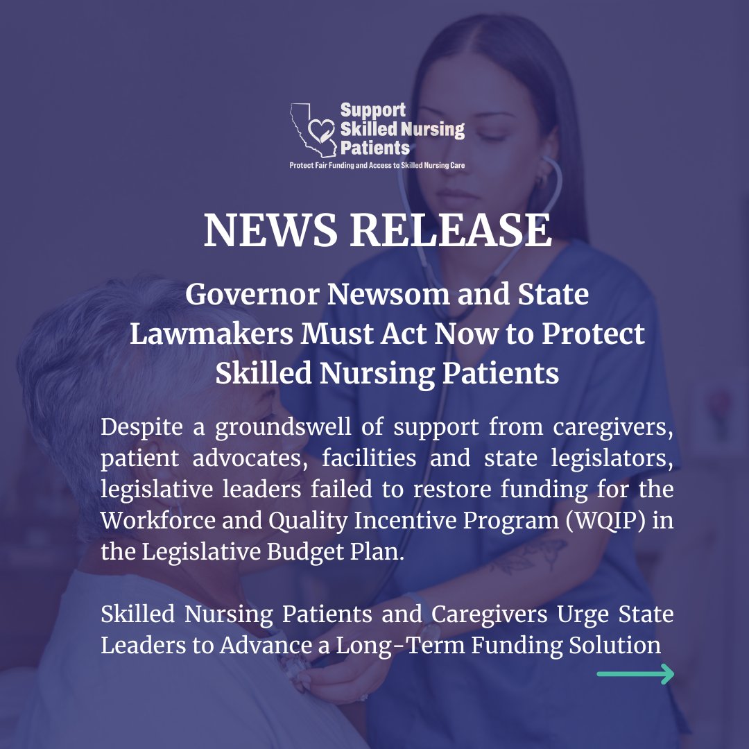 SupportSNFs's tweet photo. 📣 NEWS RELEASE: Despite strong support from caregivers, patient advocates, skilled nursing facilities and lawmakers, legislative leaders did not restore funding for the Workforce and Quality Incentive Program (WQIP) in the Legislative Budget Plan.

Read more in our news release: https://t.co/4I6eIqWIzQ