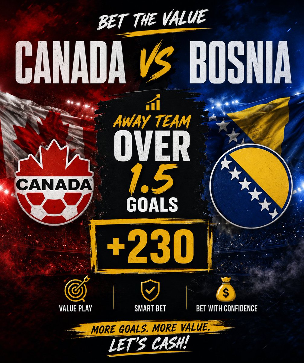 RodriZonal's tweet photo. World Cup live bet:

Canada vs Bosnia

Bosnia over 1.5 goals

Odds +230

Gamble responsibly https://t.co/Yc2g6VajAn
