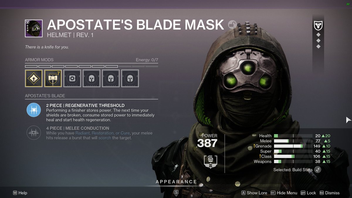 Treesama_'s tweet photo. @A_dmg04 @DestinyTheGame Heyo, any reason the apostate's blade mask is at 7/5 and can't be upgraded past that? Bug or feature I'm not aware of lol https://t.co/f7HOdlDWrB