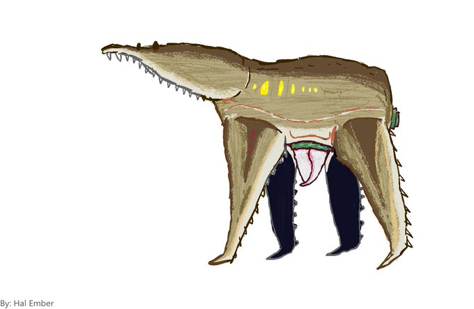 Hal_Ember_'s tweet photo. Persephonian wildlife  

These guys descend from a starfish-like ancestor that crawled onto land some 200 million years ago

The "head" is actually its fifth arm, meanwhile its real head is basically also its torso with the mouth on the underside

#specevo https://t.co/7vR31uOm6o