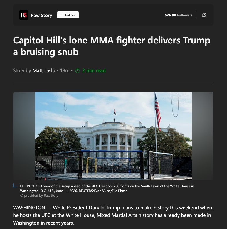 MattLaslo's tweet photo. Scooplet: Capitol Hill's lone MMA fighter delivers Trump a bruising snub ahead of White House UFC fight https://t.co/K8UoAG7OW8