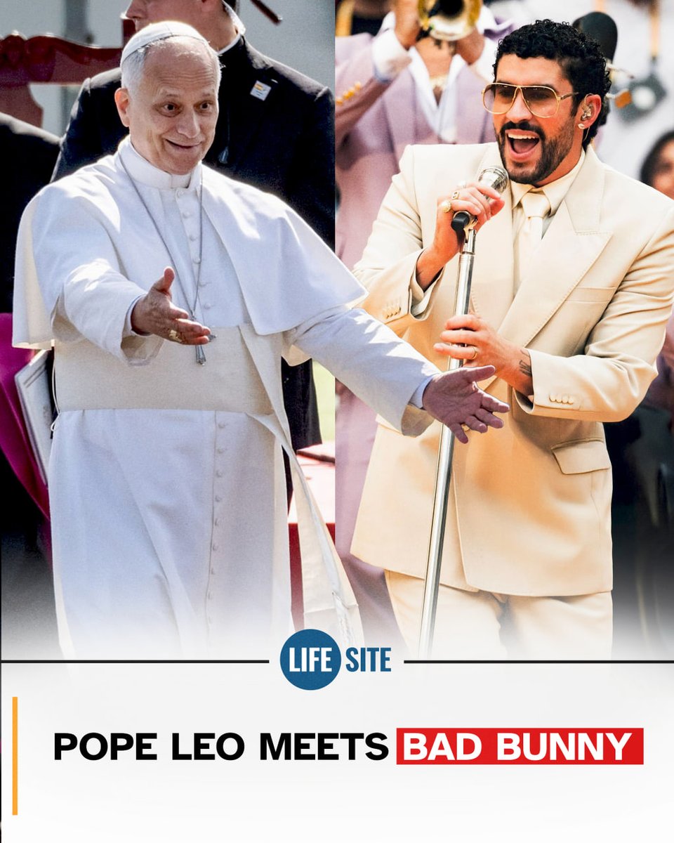 LifeSite's tweet photo. Pope Leo met "queer icon" Bad Bunny during Spain visit.

Bad Bunny has previously posed for pictures in women’s clothing. https://t.co/OCuBAsP1QV