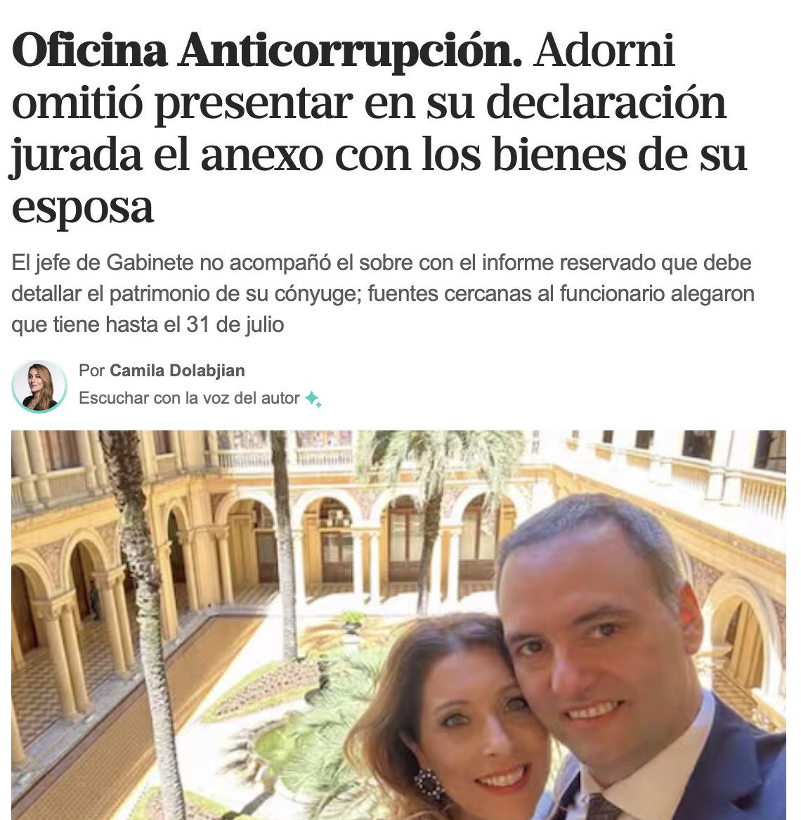 camidolabjian's tweet photo. Último. Adorni no le presentó el anexo reservado con los bienes de su esposa, Bettina Angeletti, a la Oficina Anticorrupción. Le mandó solo el formulario público. Responden cercanos que "tiene hasta el 31/7" (cuando vence el plazo) y mientras la Justicia espera. PD: ya había omitido esta presentación en su declaración anterior. Cuando estalló públicamente el caso fue que la mandó con la casa de Indio Cuá a nombre de ella.