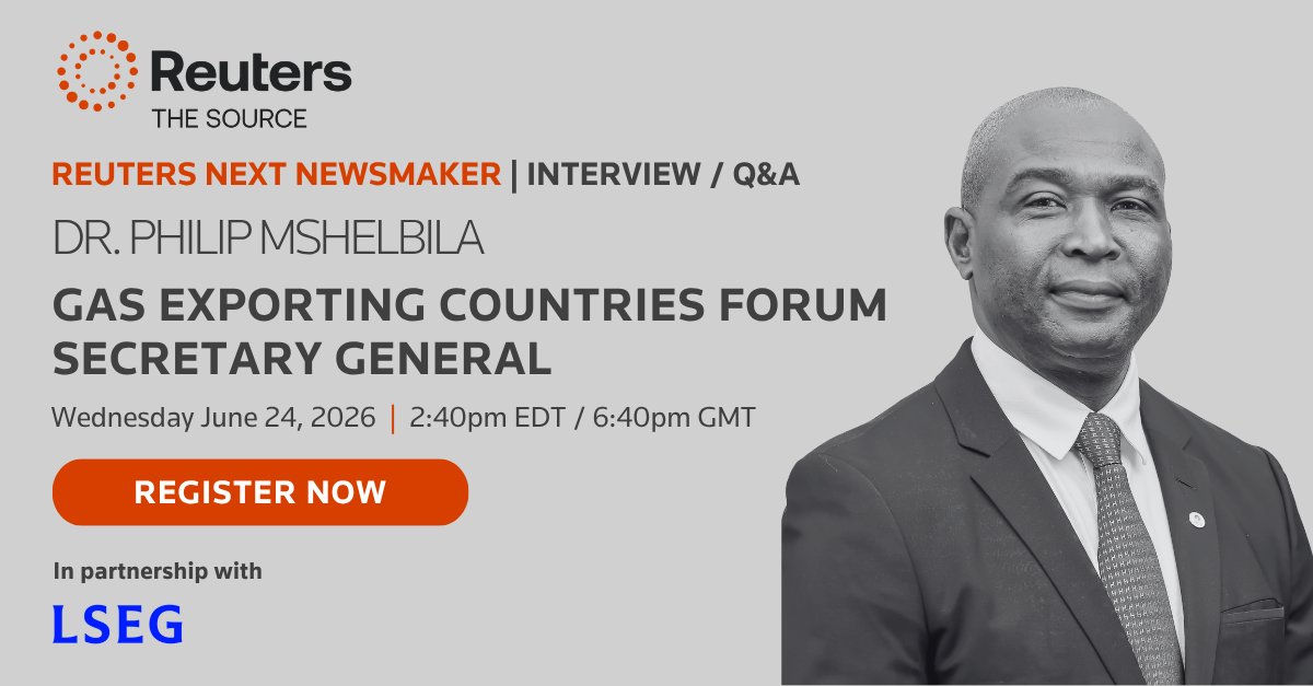 reutersevents's tweet photo. Is the #gas market facing a temporary shock or a structural reset?

@GECF_News Secretary General Dr. Philip Mshelbila speaks with @Reuters at #GEF.

📅 June 24, 2:40 PM EDT. Register to watch live 🎥 https://t.co/Cf3iRO3kCp

#ReutersNext #Newsmaker https://t.co/qW7CdGawWL
