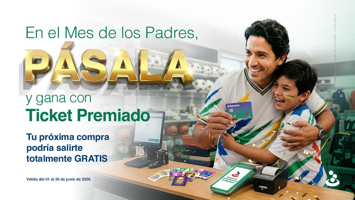 Banesco's tweet photo. Durante todo junio, ¡la suerte está de tu lado! 😱

¡Porque el regalo para papá te puede salir GRATIS! 🎁 

Antes de pagar, recuerda pasar tu Tarjeta de Débito Banesco en nuestros #PuntosDeVenta y tu ticket podría salir premiado. 💳✨

📌 Programa autorizado por SUDEBAN

#BanescoContigo #TicketPremiado