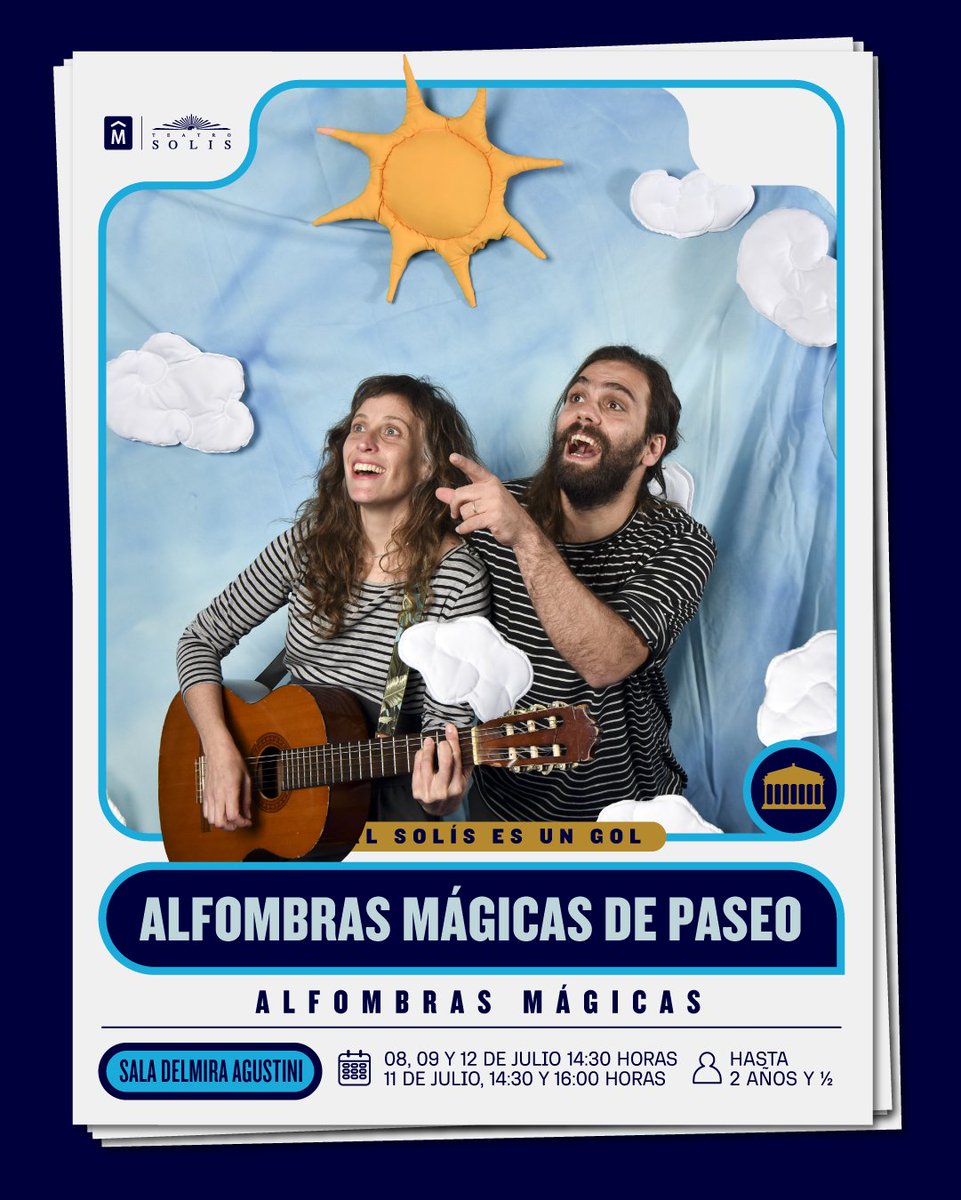 TeatroSolis's tweet photo. Alfombras mágicas de paseo.
Una experiencia para bebés y familia en estas Vacaciones de Invierno. Un recorrido por distintas alfombras que nos invitan a pasear. Por el cielo, un jardín florido, un gran charco, el camalote de un sapo muy especial y muchas sorpresas más. https://t.co/ojaBxf1uzM