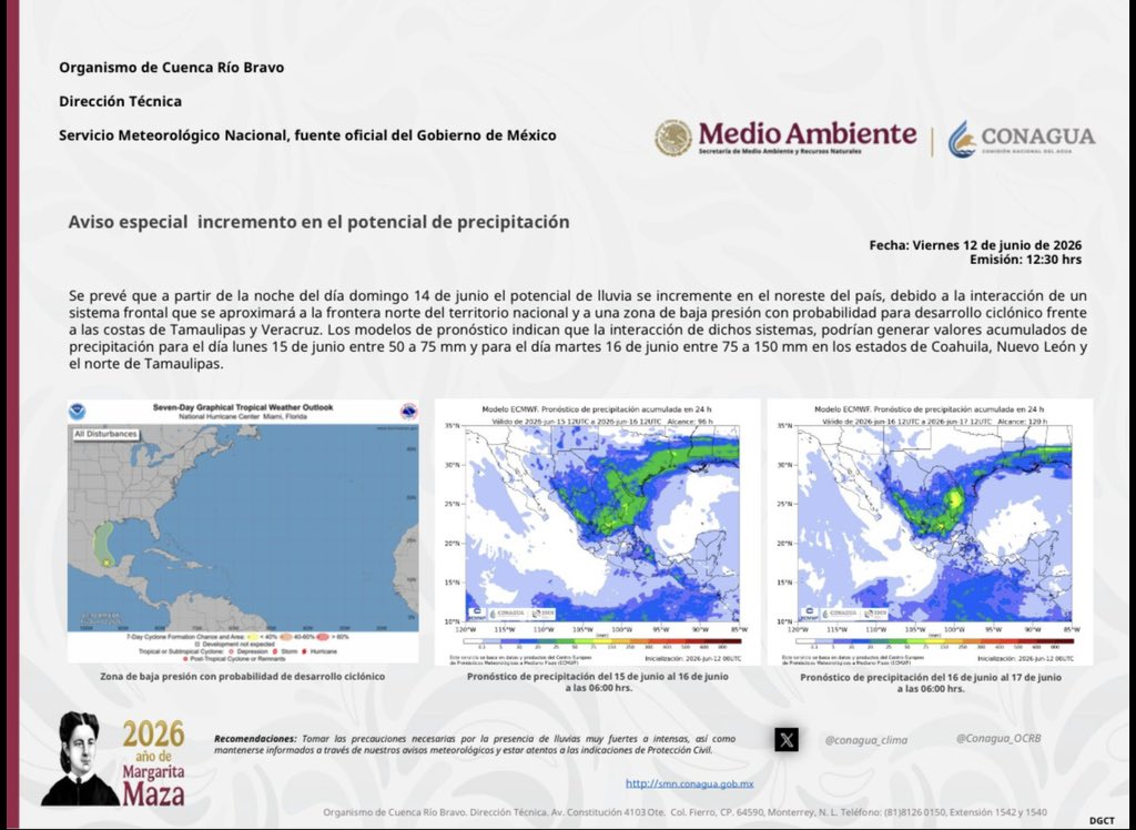 LCAlatorre's tweet photo. 🌧️🚨 Se fortalece el potencial de lluvias para Coahuila, Nuevo León y Tamaulipas.

Modelos meteorológicos indican acumulados de hasta 150 mm entre el 15 y 17 de junio por la interacción de sistemas atmosféricos en el Golfo de México.

La prevención comienza con la información. #Conagua #SMN