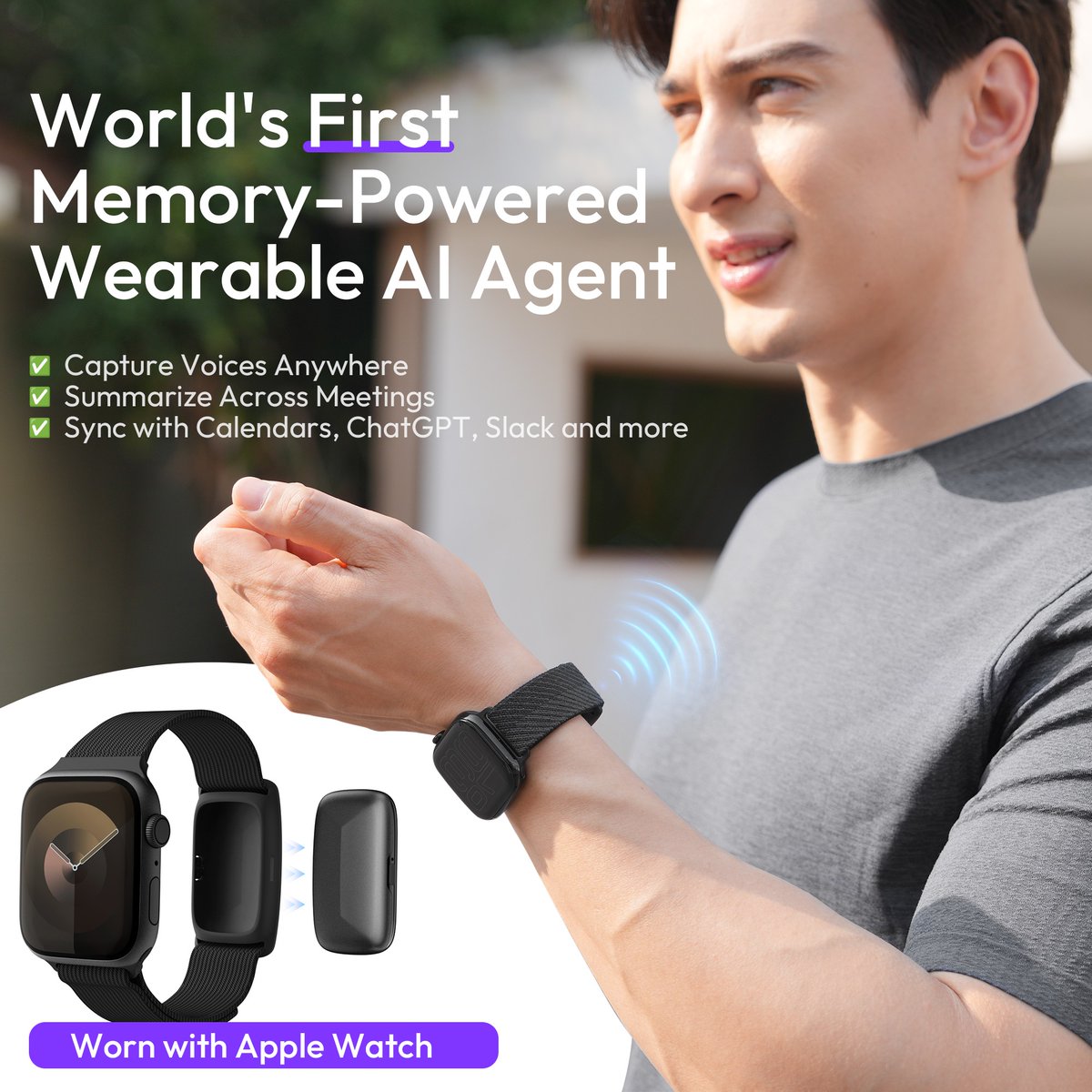 Memoket_AI's tweet photo. Already wear an Apple Watch?

Memoket Gem can wear with it.

No extra wristband needed.

It is lightweight, low-profile, and made for all-day conversation capture.

Wear your Apple Watch.
Add AI memory.

Reserve your Memoket Gem.