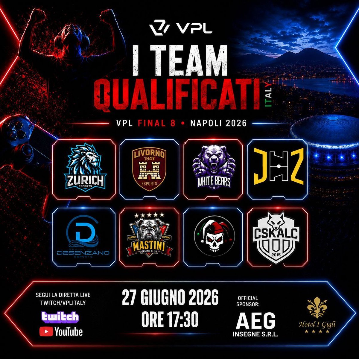 VPLItaly's tweet photo. 🚨 FINAL 8 VPL 🚨

La griglia è completa. Le migliori squadre della stagione hanno conquistato il pass per la fase finale della VPL Italy e sono pronte a darsi battaglia a Napoli. 🔥

🦁 @zurich_esports
🏰 @LivornoeSports 
🐻 @WhiteBears2929 
⚡ @Team_JHZ
🔵 @DSZ_eSports 
🐶 @MST_evergreen 
💀 @IIP_eSports 
🐺 @OfficialCSKALC

📅 27 Giugno 2026
⏰ Ore 17:30
📍 Napoli

Otto squadre. Un solo trofeo. Una sola squadra entrerà nella storia della VPL Italy. 🏆

📺 Segui la diretta live su Twitch e YouTube @VPLItaly

Chi vedete alzare la coppa? 👇

#VPLItaly #VPLFinal8 #Final8 #Napoli2026 #EsportsItalia #FC26 #EAFC #RoadToNapoli