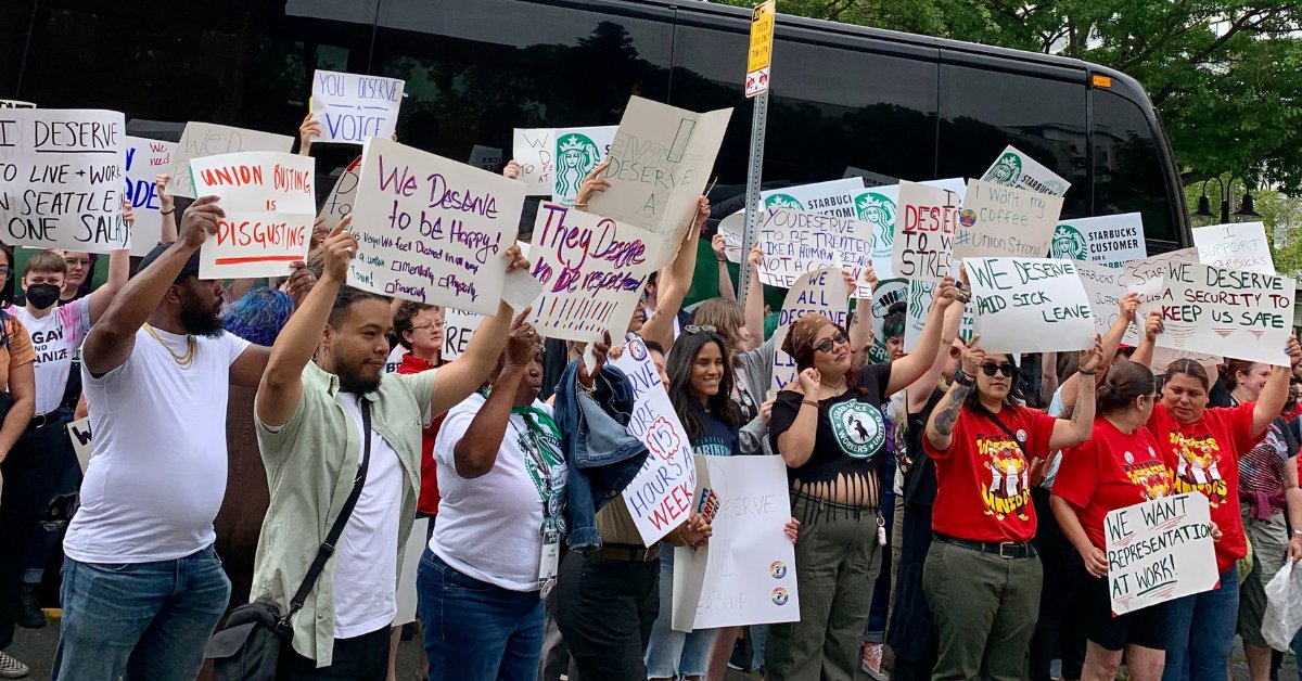 TheStandWA's tweet photo. The NLRB has found Starbucks illegally interrogated workers at two Seattle stores about participating in strikes, violating federal labor law.The ruling comes as lawmakers advance the Faster Labor Contracts Act to prevent employers like Starbucks from stalling 1st union contracts https://t.co/R8L9SC4lBa