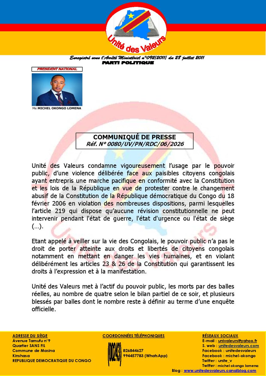 MichelOkongo's tweet photo. BULLETIN D'INFORMATION N° 36 DU 12.06.2026

COMMUNIQUÉ DE PRESSE : MARCHE PACIFIQUE. https://t.co/vF6j51V1Qx