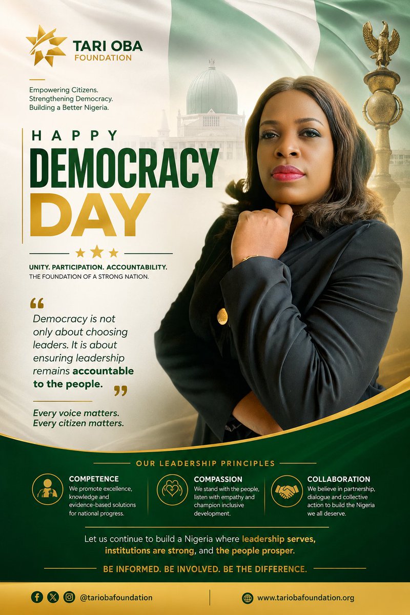_TariOliver's tweet photo. "Democracy is a reminder of the choices we made as a Nation many years ago.
It is about ensuring that leadership remains accountable to the people."
Every democracy begins with a simple idea:
That the voice of the people matters.
That citizens deserve to be heard.
 #DemocracyDay https://t.co/g4uQLsxZQa